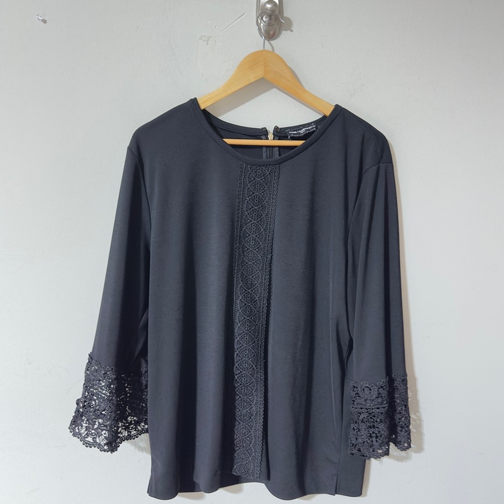 Karl Lagerfeld Paris top, black, intricate front lace trim, detailed cuffs, XL